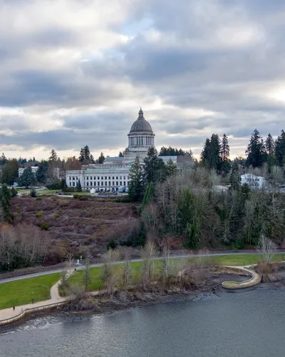 arial view of olympia, wa with washington state capitol at center